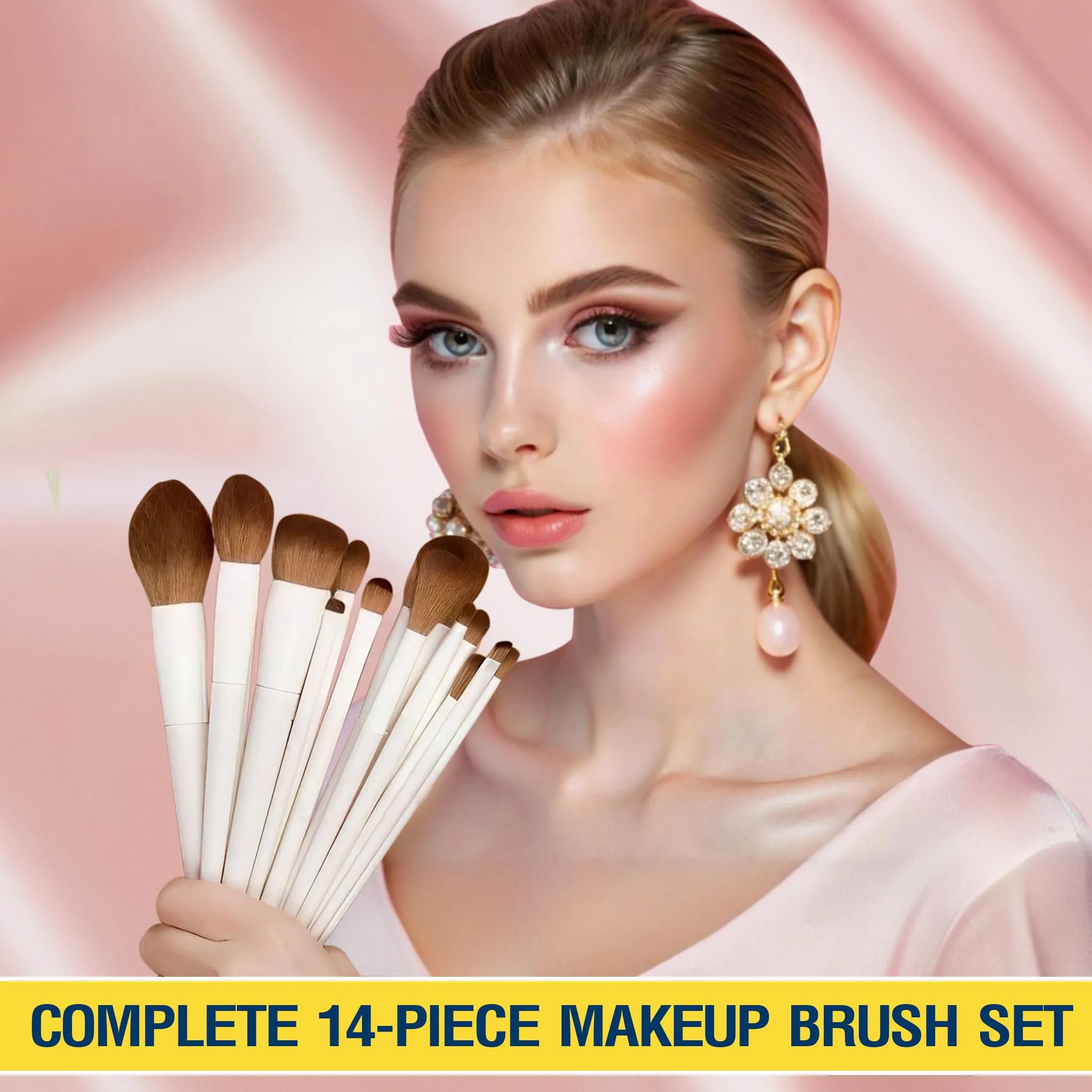 14-Piece Make Up Brush Set - Travel Makeup Brushes Set Professional - Premium Synthetic Brushes for Powder, Foundation, Contour, Blush, Concealer, Eyeshadow, and Liner - Light Grey