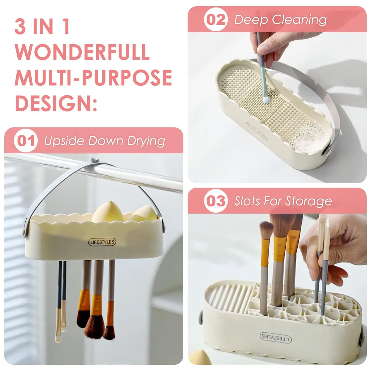 3 in 1 Silicone Makeup Brush Cleaner Bowl with Brush Drying Holder (Simple White)