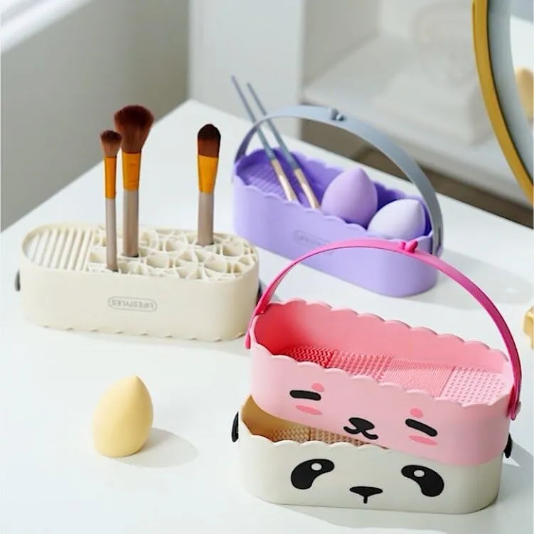 3 in 1 Silicone Makeup Brush Cleaner Bowl with Brush Drying Holder (Simple White)