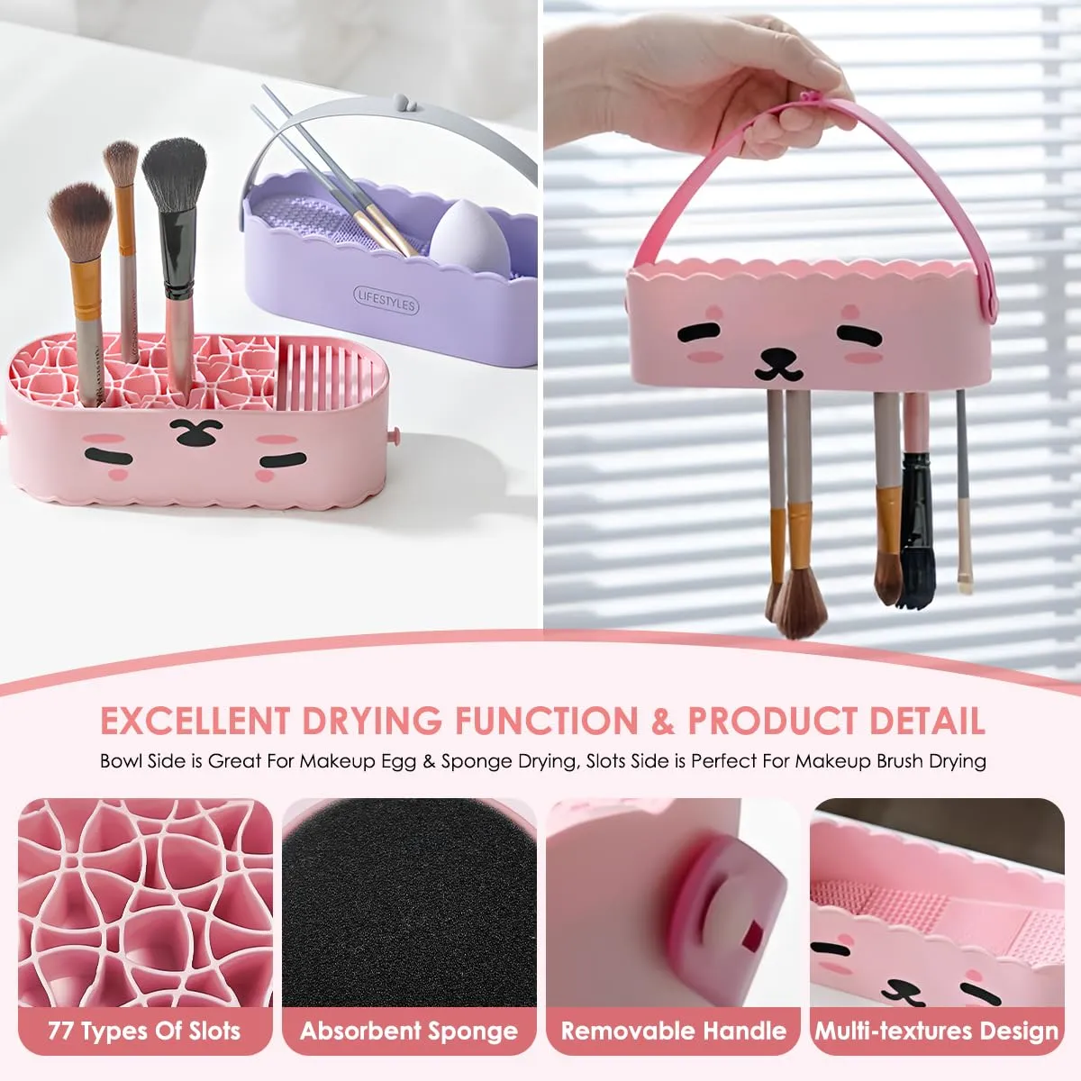 3 in 1 Silicone Makeup Brush Cleaner Bowl with Brush Drying Holder (Simple White)