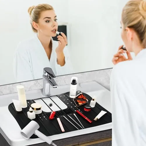 DALYANGDA Bathroom Sink Cover for Counter Space，Compact Foldable Bathroom Sink Cover with Silicone Makeup Brush Cleaning Mat - Heat Resistant, Sink Organizer Countertop for Beauty Tools，Travel, Black
