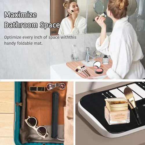 DALYANGDA Bathroom Sink Cover for Counter Space，Compact Foldable Bathroom Sink Cover with Silicone Makeup Brush Cleaning Mat - Heat Resistant, Sink Organizer Countertop for Beauty Tools，Travel, Black