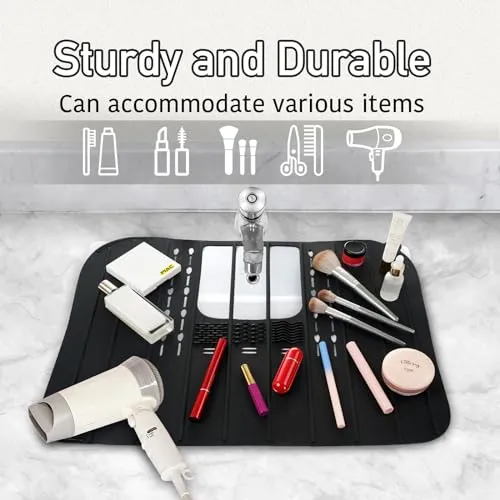 DALYANGDA Bathroom Sink Cover for Counter Space，Compact Foldable Bathroom Sink Cover with Silicone Makeup Brush Cleaning Mat - Heat Resistant, Sink Organizer Countertop for Beauty Tools，Travel, Black