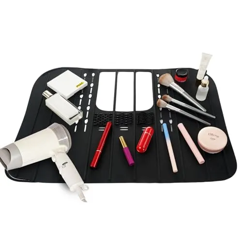 DALYANGDA Bathroom Sink Cover for Counter Space，Compact Foldable Bathroom Sink Cover with Silicone Makeup Brush Cleaning Mat - Heat Resistant, Sink Organizer Countertop for Beauty Tools，Travel, Black