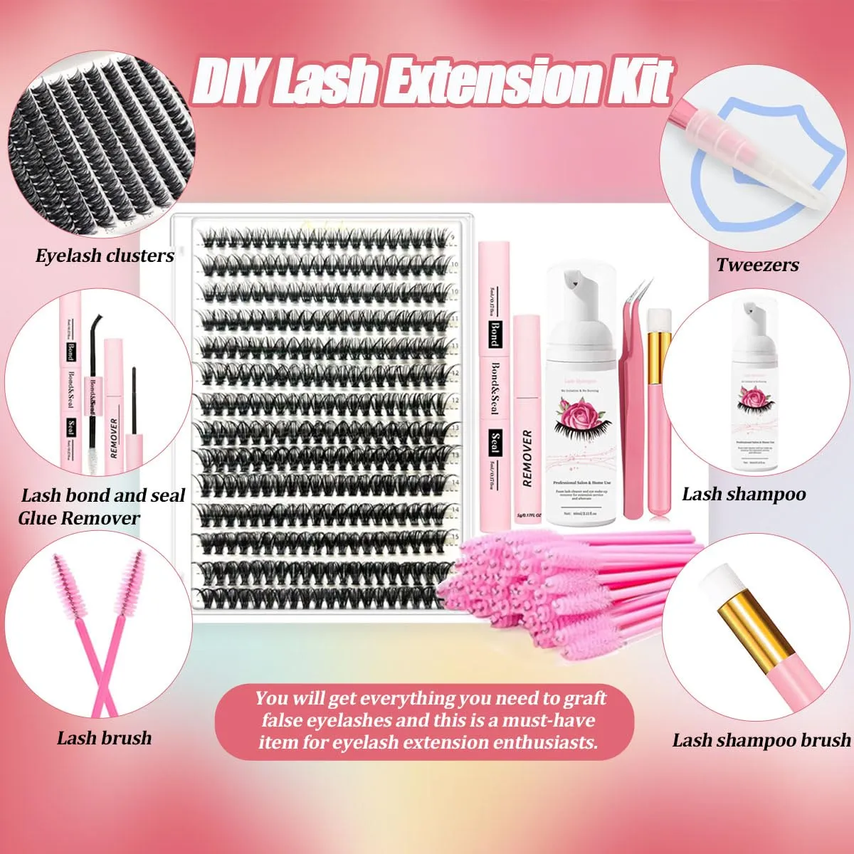 DIY Lash Extension Kit Cluster Lashes 280 Pcs 9-16mm 40D Individual Lashes Clusters with Lash Bond and Seal Glue Remover Tweezers Lash Shampoo Cleansing Brush Lash Brush