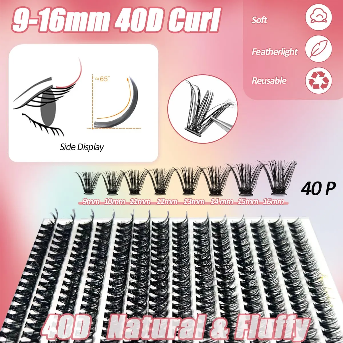 DIY Lash Extension Kit Cluster Lashes 280 Pcs 9-16mm 40D Individual Lashes Clusters with Lash Bond and Seal Glue Remover Tweezers Lash Shampoo Cleansing Brush Lash Brush